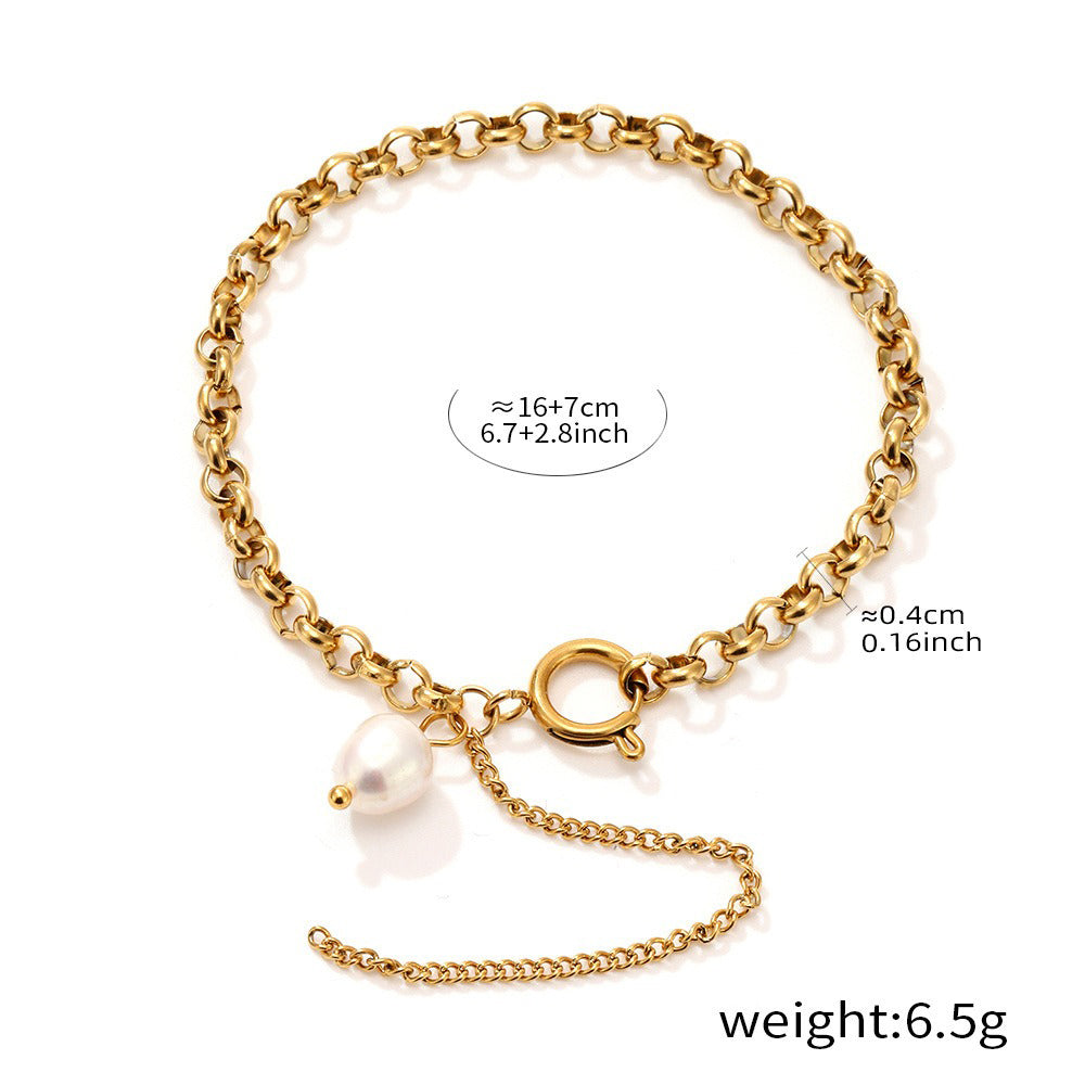 Kaze 18K Gold Thick Chain Bracelet with Irregular Pearl Design | High-End Fashion Jewellery
