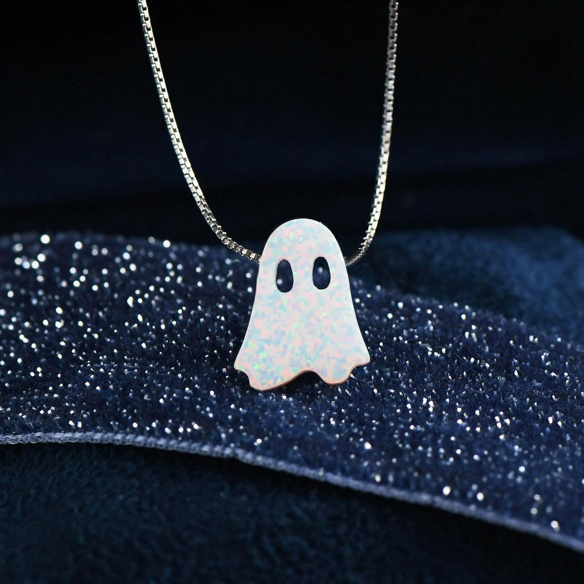Kaze Ghost S925 Sterling Silver Pendant Necklace | Unisex Box Chain in White, Black, Gold &amp; Rose Gold White Ghost Platinum Necklace