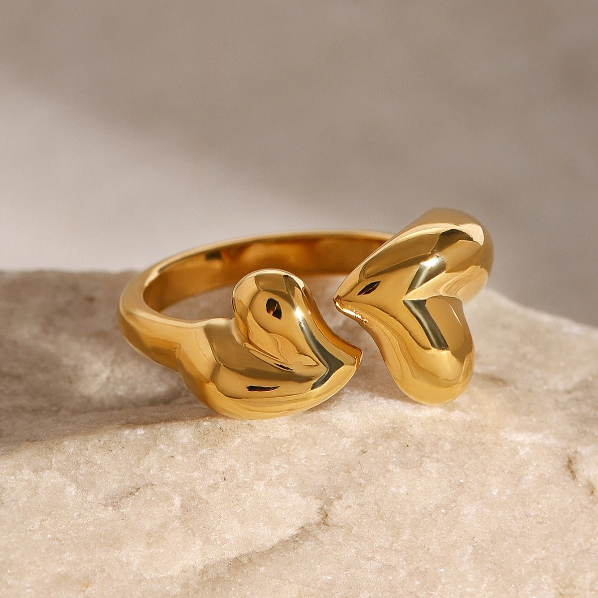 Kaze Double Heart Luxury Open Ring | 18K Gold Romantic Adjustable Ring