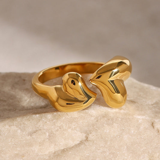 Kaze Double Heart Luxury Open Ring | 18K Gold Romantic Adjustable Ring