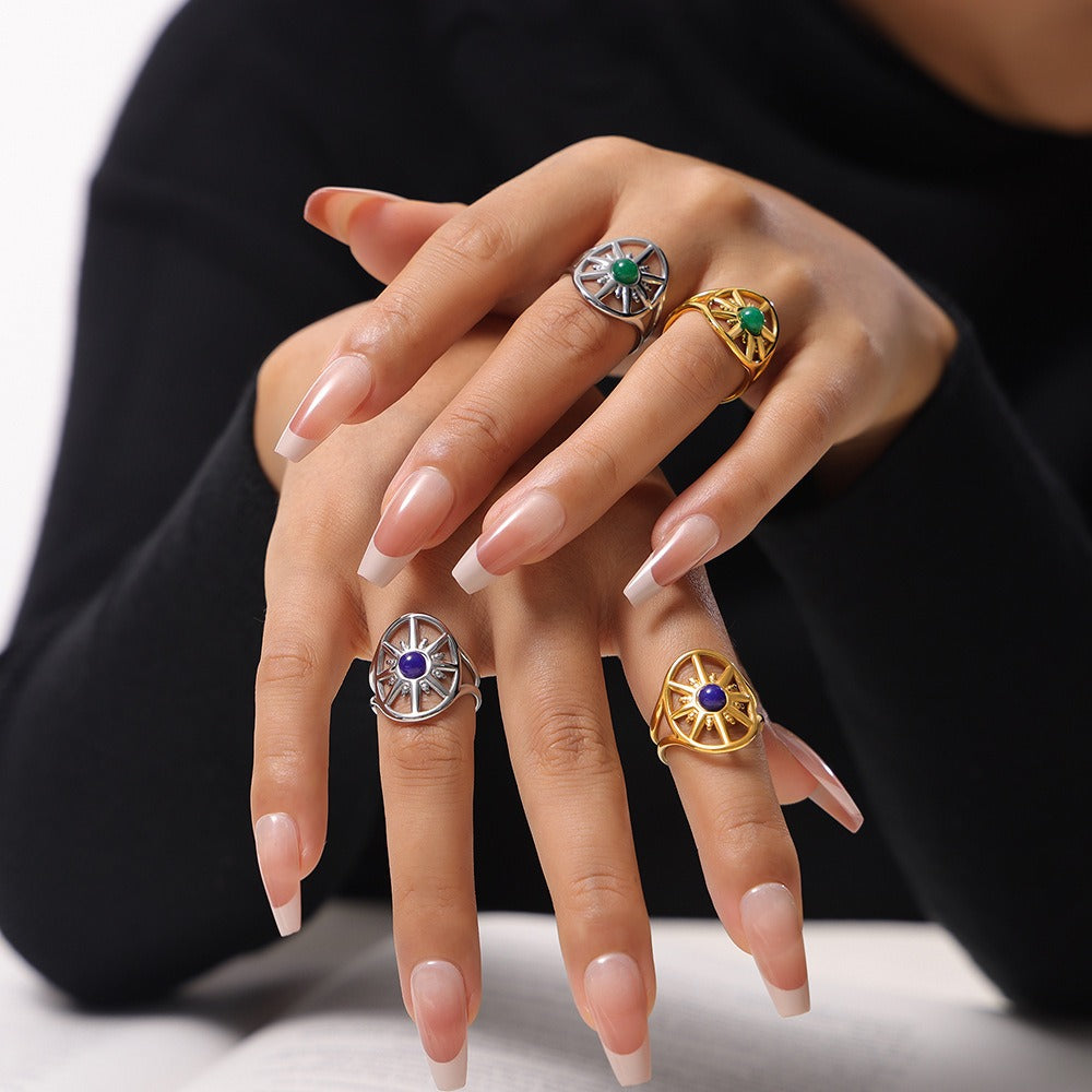Kaze Classic Vintage Eight-Pointed Star Gemstone Ring | 18K Gold Celestial Ring in Blue &amp; Green