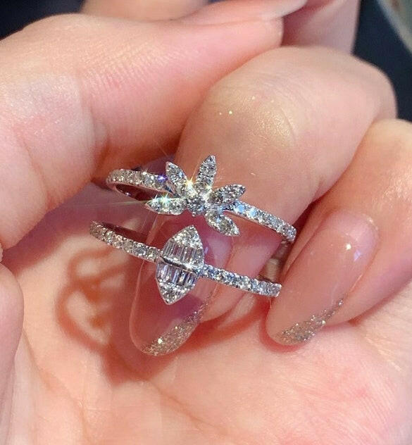 Kaze Three-Layer Zircon Stacking Ring Set | Baguette &amp; Floral Band Set
