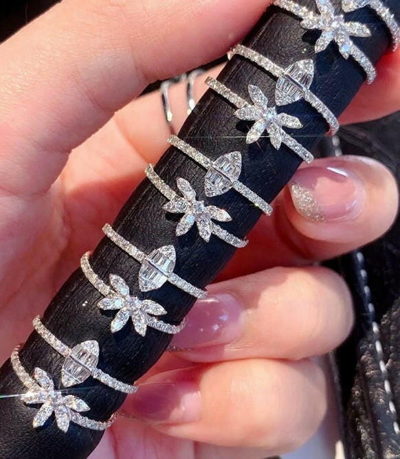 Kaze Three-Layer Zircon Stacking Ring Set | Baguette &amp; Floral Band Set