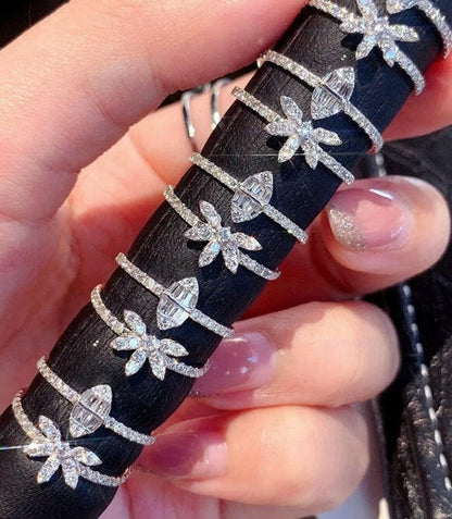 Kaze Three-Layer Zircon Stacking Ring Set | Baguette &amp; Floral Band Set
