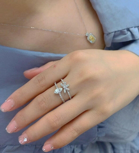 Kaze Three-Layer Zircon Stacking Ring Set | Baguette &amp; Floral Band Set