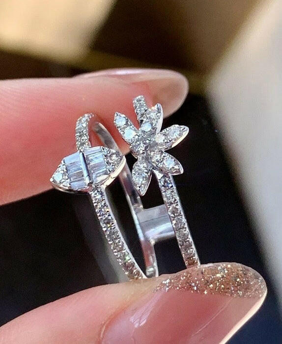 Kaze Three-Layer Zircon Stacking Ring Set | Baguette &amp; Floral Band Set