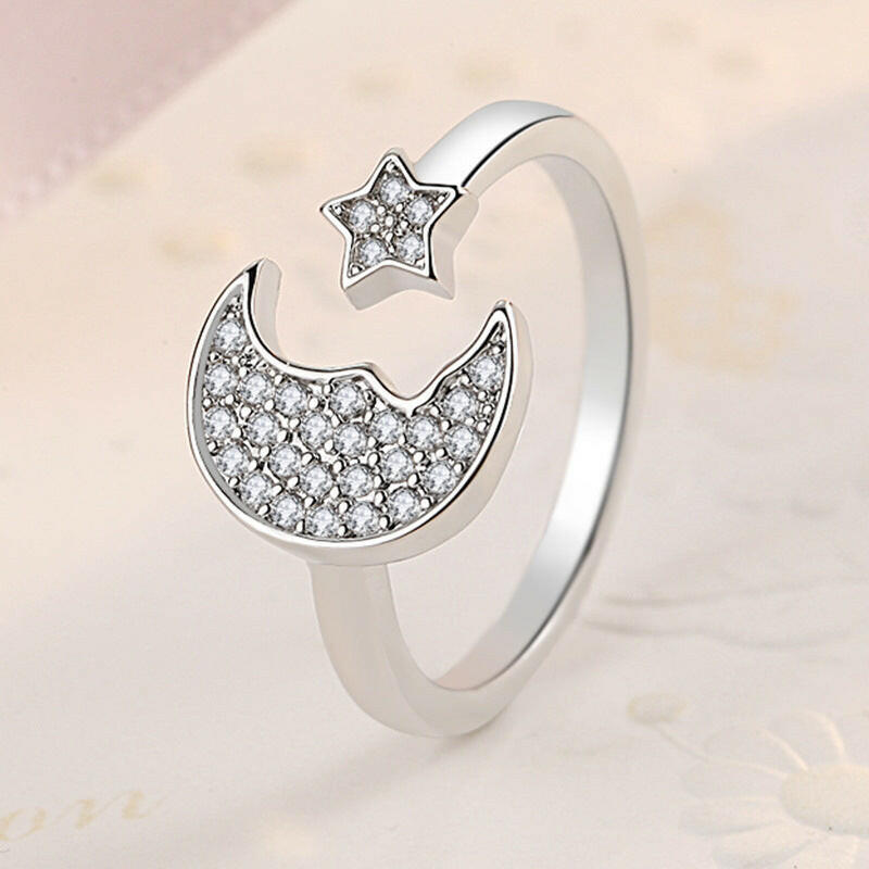 Kaze Wide-Face Star and Moon Ring | Pavé Gemstone Celestial Ring Adjustable opening
